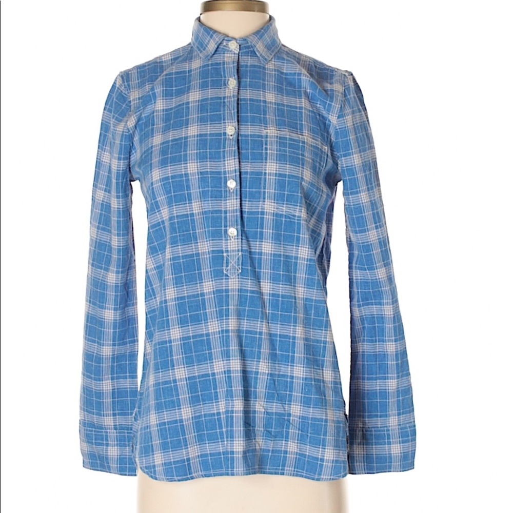 J. CREW Long Sleeve Blue Plaid 1/2 way Button Down Shirt XXS brand NEW with tag